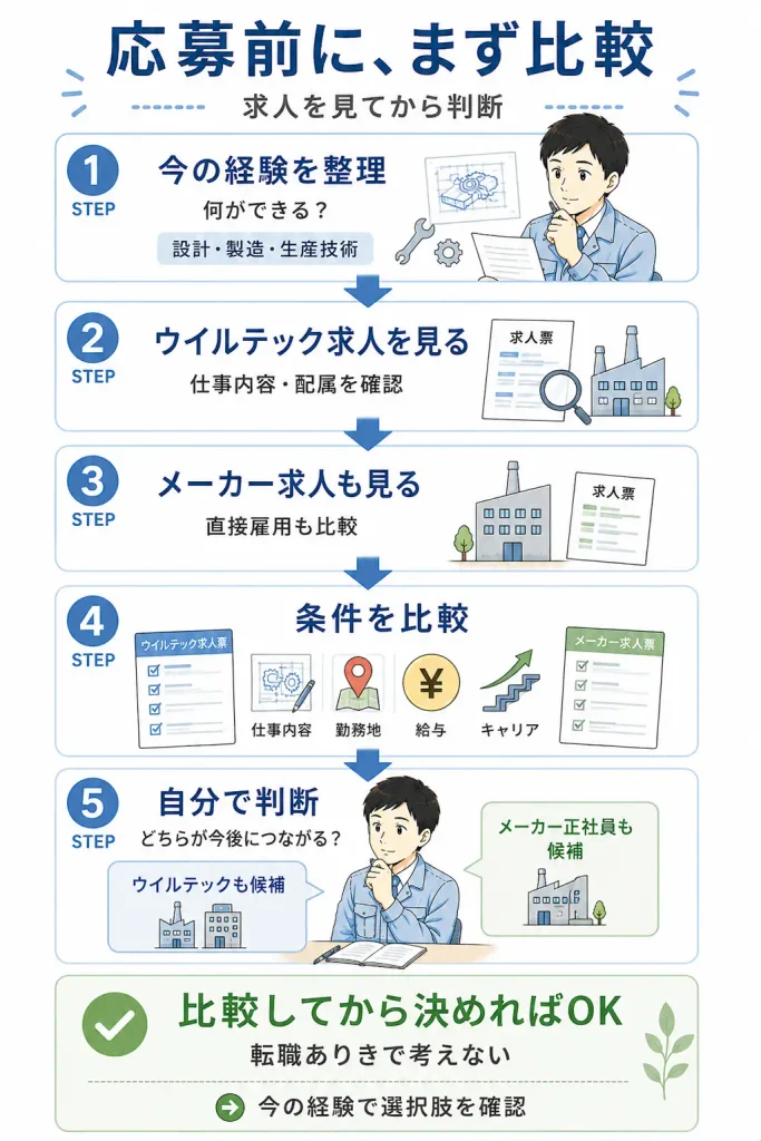 ウイルテックに応募する前に、メーカー求人も比較して判断する流れ