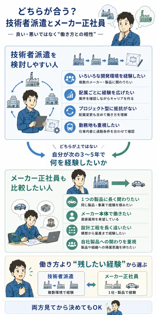 技術者派遣が合いやすい人/メーカー正社員も比較したい人