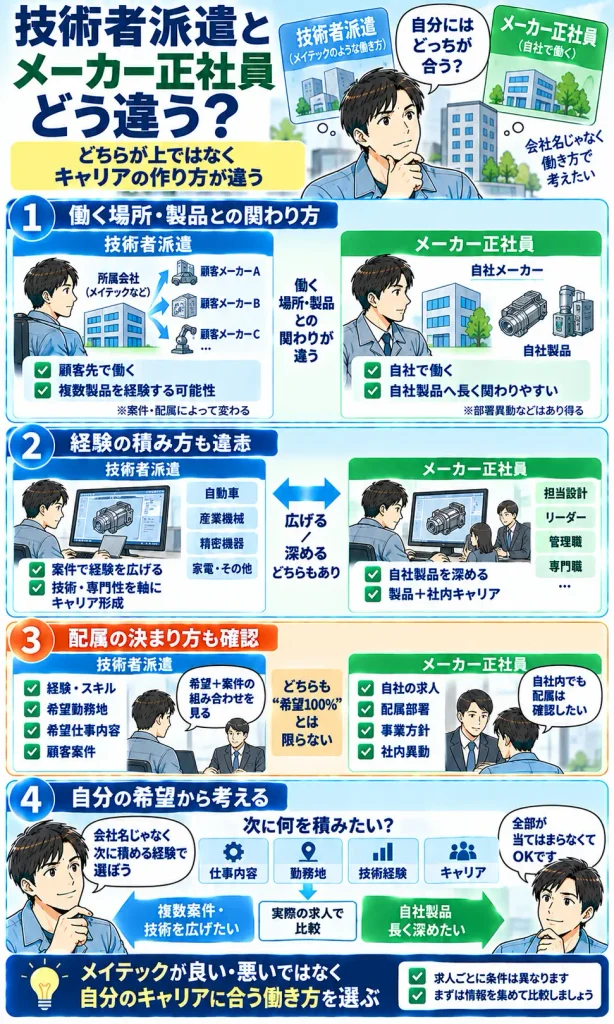 メイテックのような技術者派遣とメーカー正社員の違い