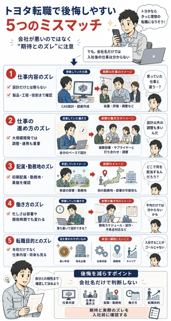 トヨタ転職で後悔につながりやすい5つのミスマッチ