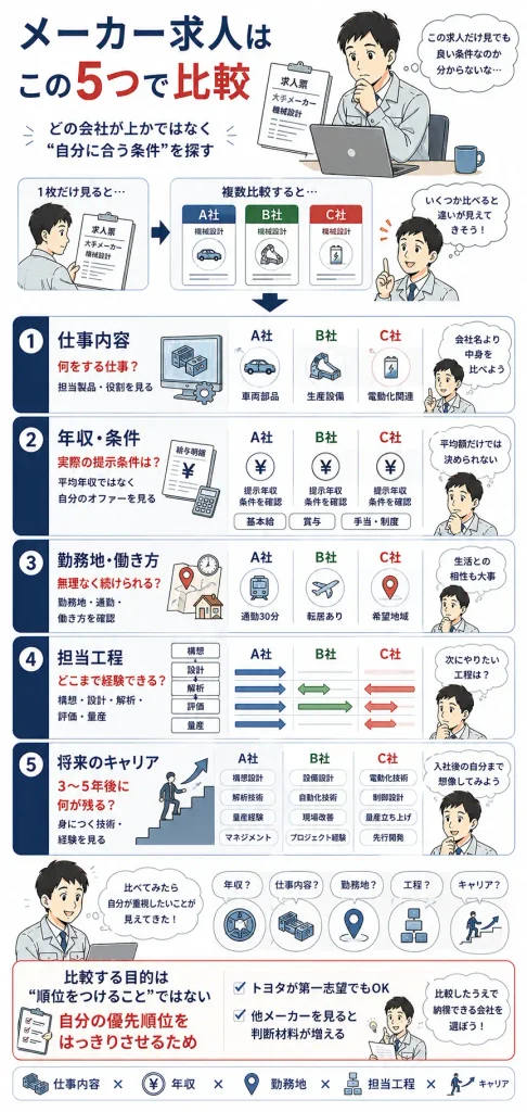 メーカー求人を比較するときの5つの軸
