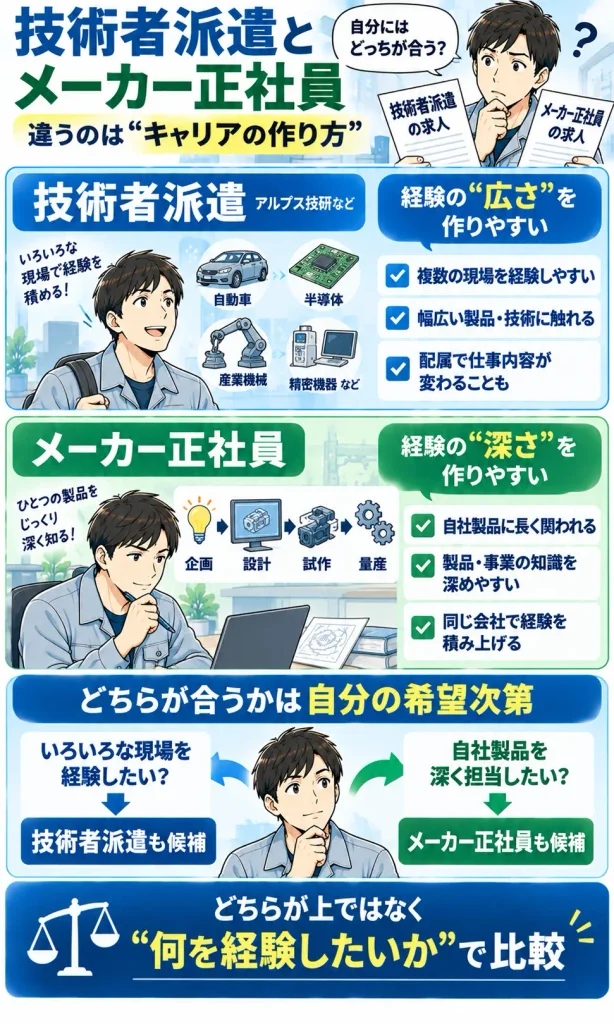 「アルプス技研の技術者派遣」と「メーカー正社員」の働き方・キャリアの違い