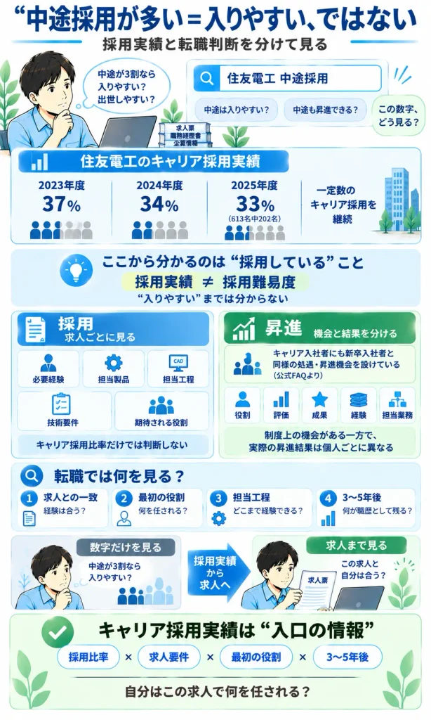 住友電工ではキャリア採用が一定数あるが、それだけで“入りやすい”“出世しやすい”とは判断しない