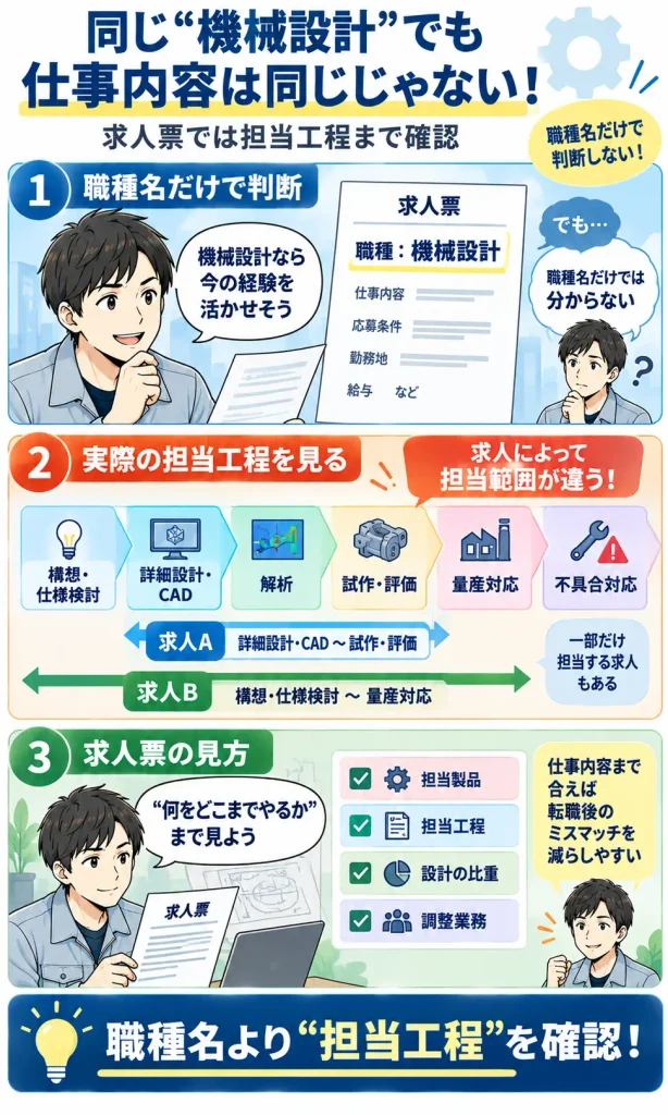 同じ“機械設計”求人でも、担当工程によって仕事の中身はかなり違う
