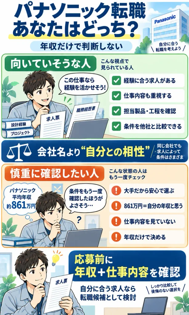 「パナソニックへの転職が向いていそうな人」と「慎重に確認したい人」