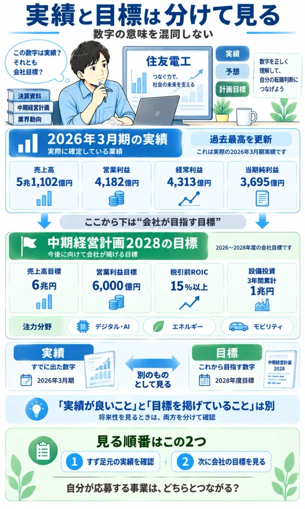 2026年3月期の実績と、中期経営計画2028の目標を分けて見る
