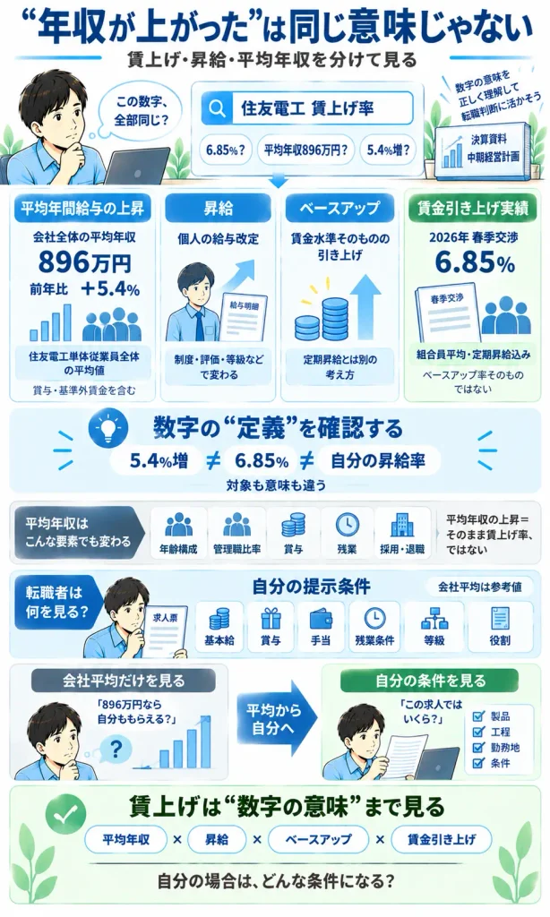 平均年収の上昇・昇給・ベースアップ・賃金引き上げを分けて考える図