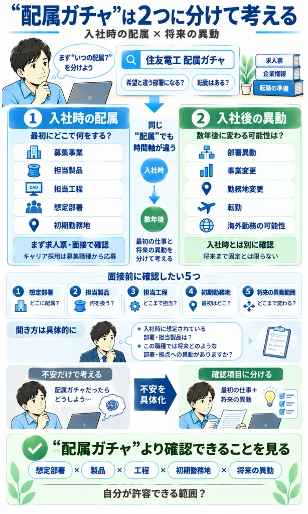 住友電工の“配属ガチャ”という不安を、入社時の配属と将来の異動に分けて考える