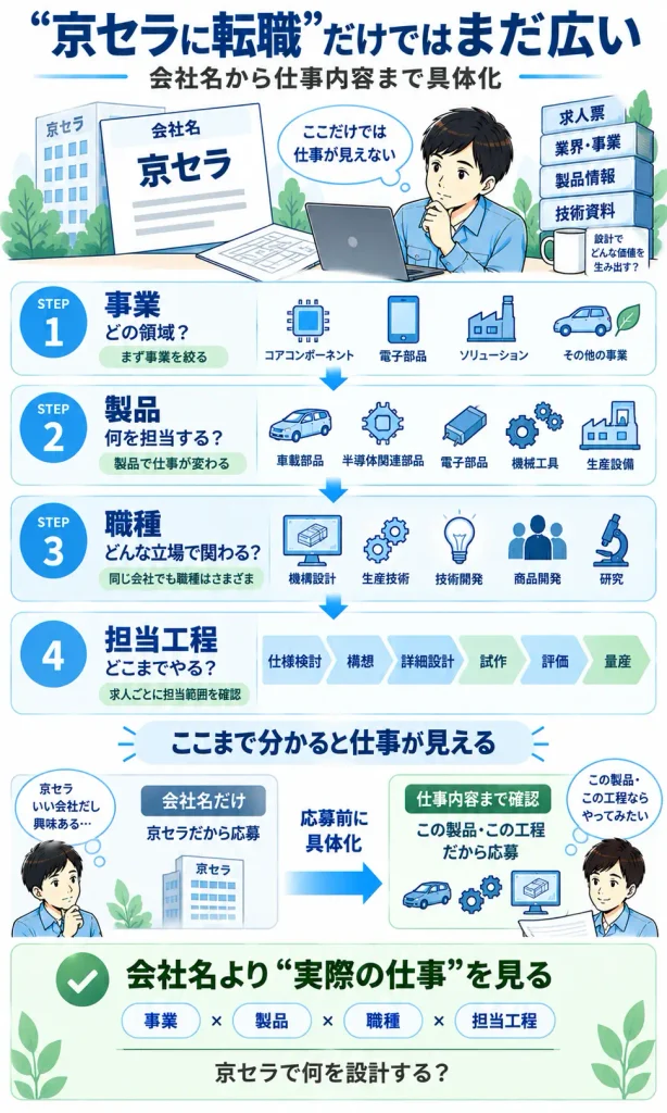 京セラという会社名だけでなく、事業・製品・職種・担当工程まで具体化して転職先を見る