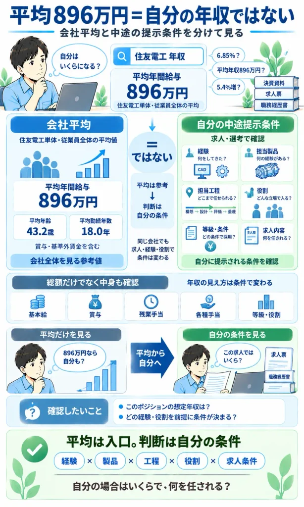 住友電工の平均年間給与896万円と、自分が中途採用で提示される条件は別