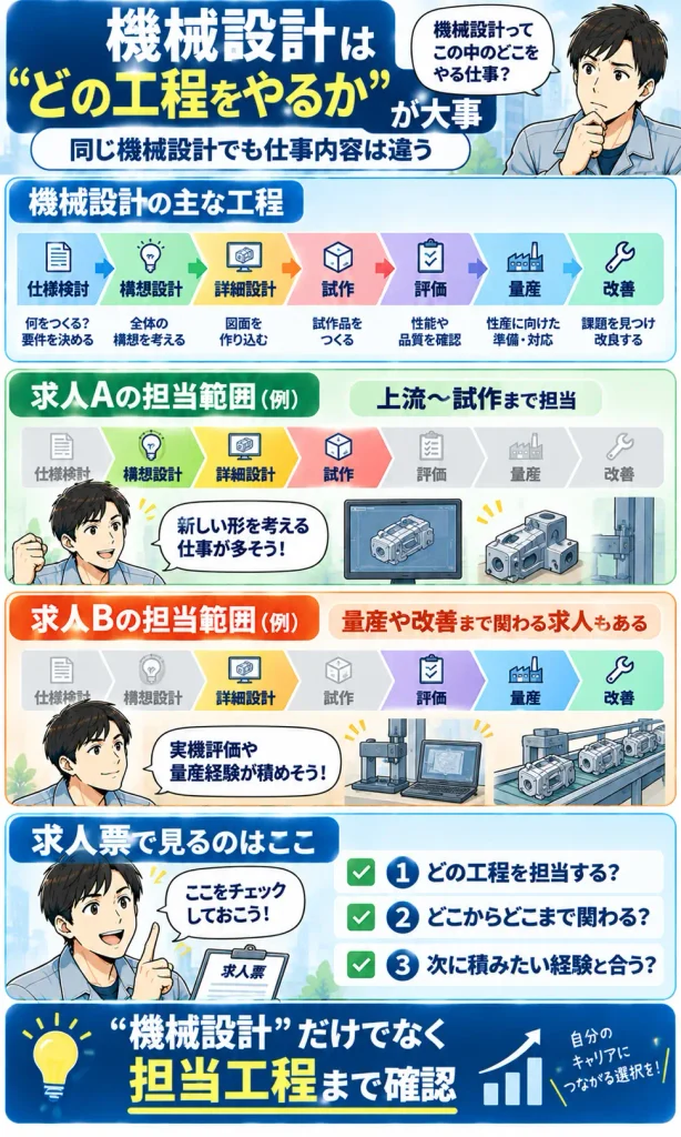 機械設計の工程は1つではなく、求人ごとに担当範囲が違う