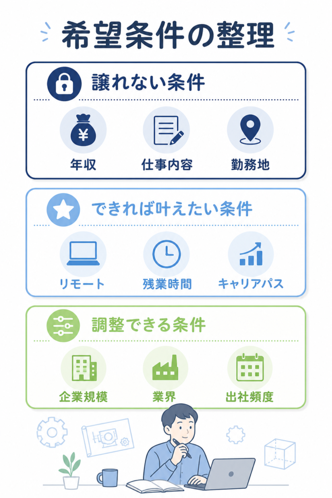 希望条件を「譲れない・できれば・調整可」に分ける整理図