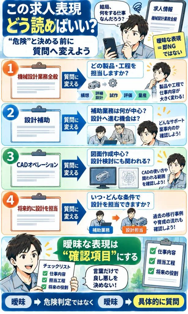 曖昧な求人表現を“危険判定”ではなく“確認する質問”へ変える