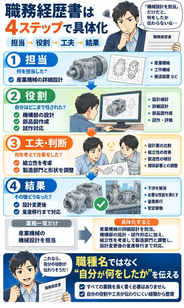 職務経歴書を「担当→役割→工夫→結果」で整理する