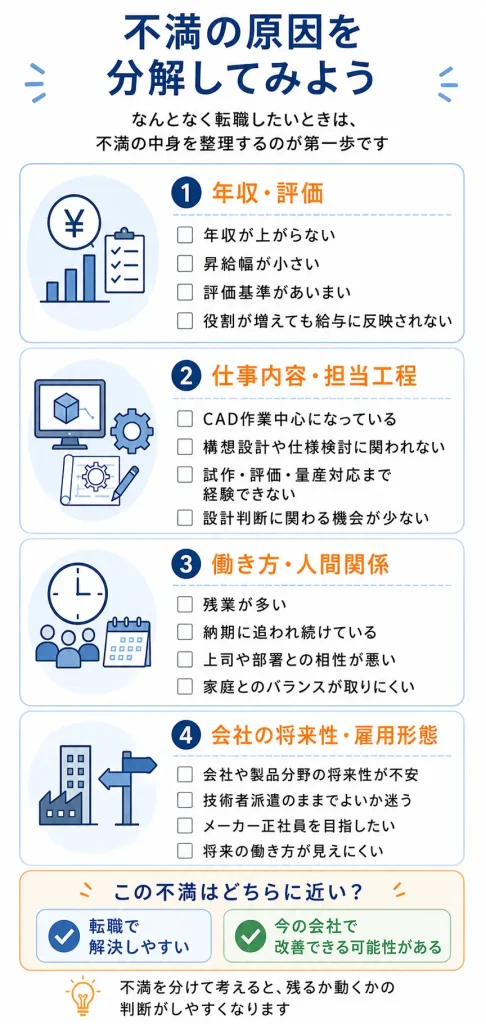 不満の原因を分解するチェック図