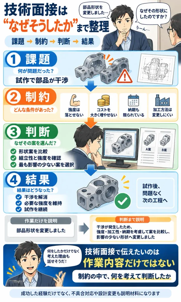 機械設計の技術面接では、設計判断の理由まで説明する