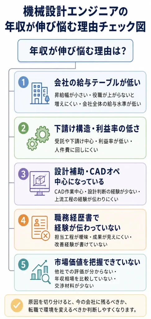 機械設計エンジニアの年収が伸び悩む理由チェック図