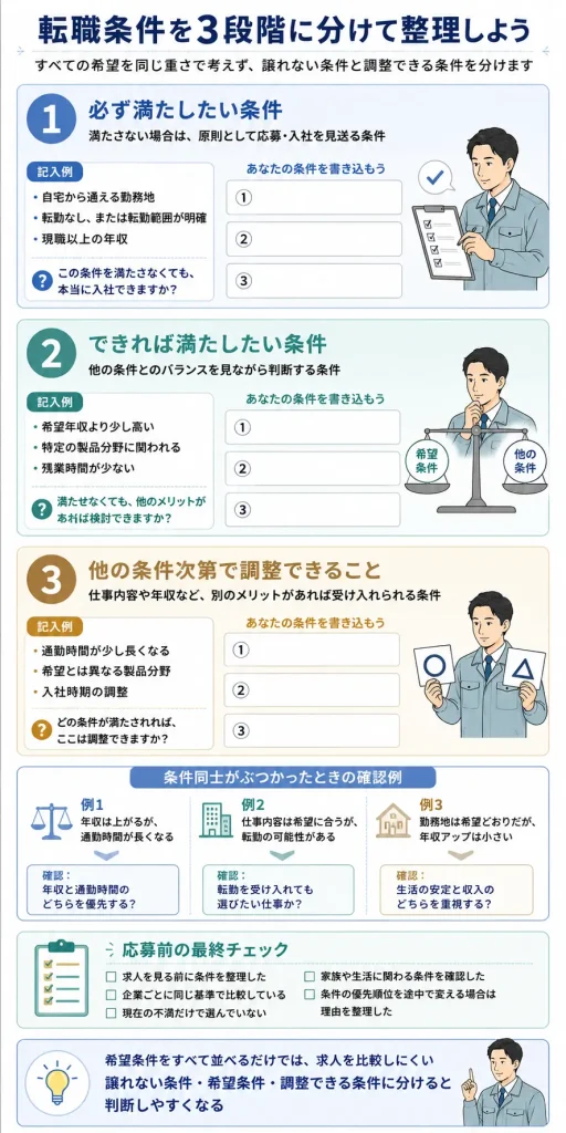 希望条件を3段階に分ける優先順位整理シート