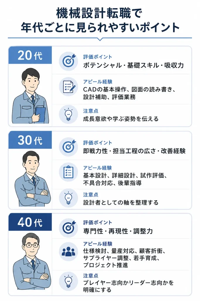 20代・30代・40代で評価されやすいポイントの比較図