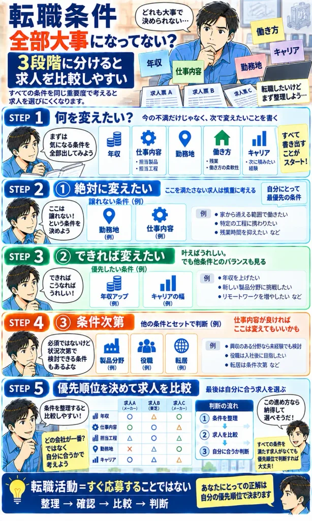 転職条件を全部大事にするのではなく、3段階に分けて優先順位を決める