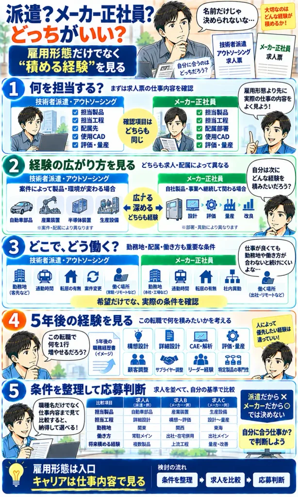技術者派遣・アウトソーシングとメーカー正社員を経験の積み方で比較する