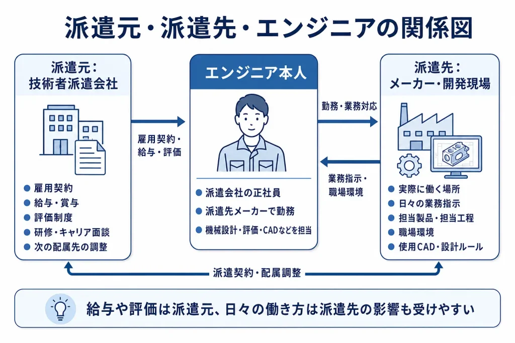 派遣元・派遣先・エンジニアの関係図