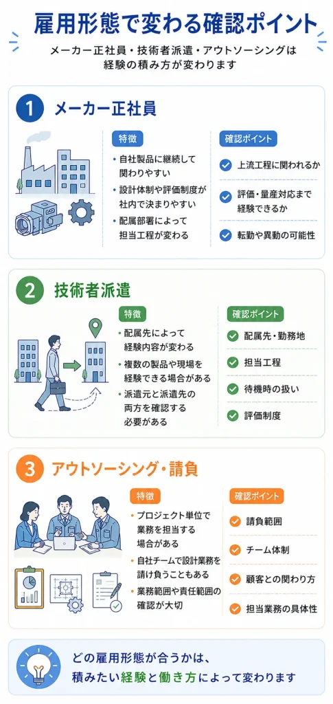 メーカー正社員・技術者派遣・アウトソーシングの違い