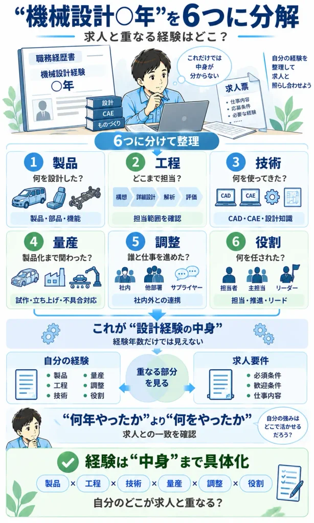 機械設計経験を製品・工程・技術・量産・調整・役割に分解する図