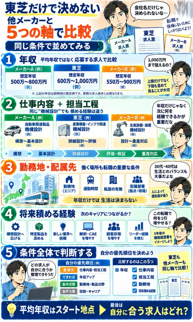 東芝と他メーカーを5つの軸で比較す