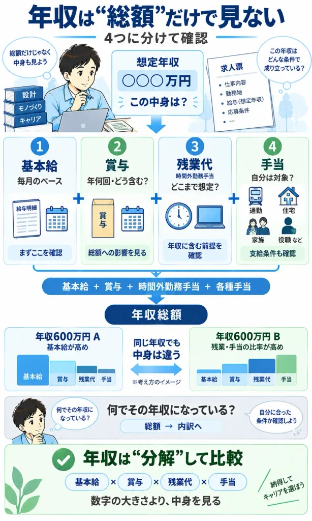 年収を基本給・賞与・残業代・手当に分解する図